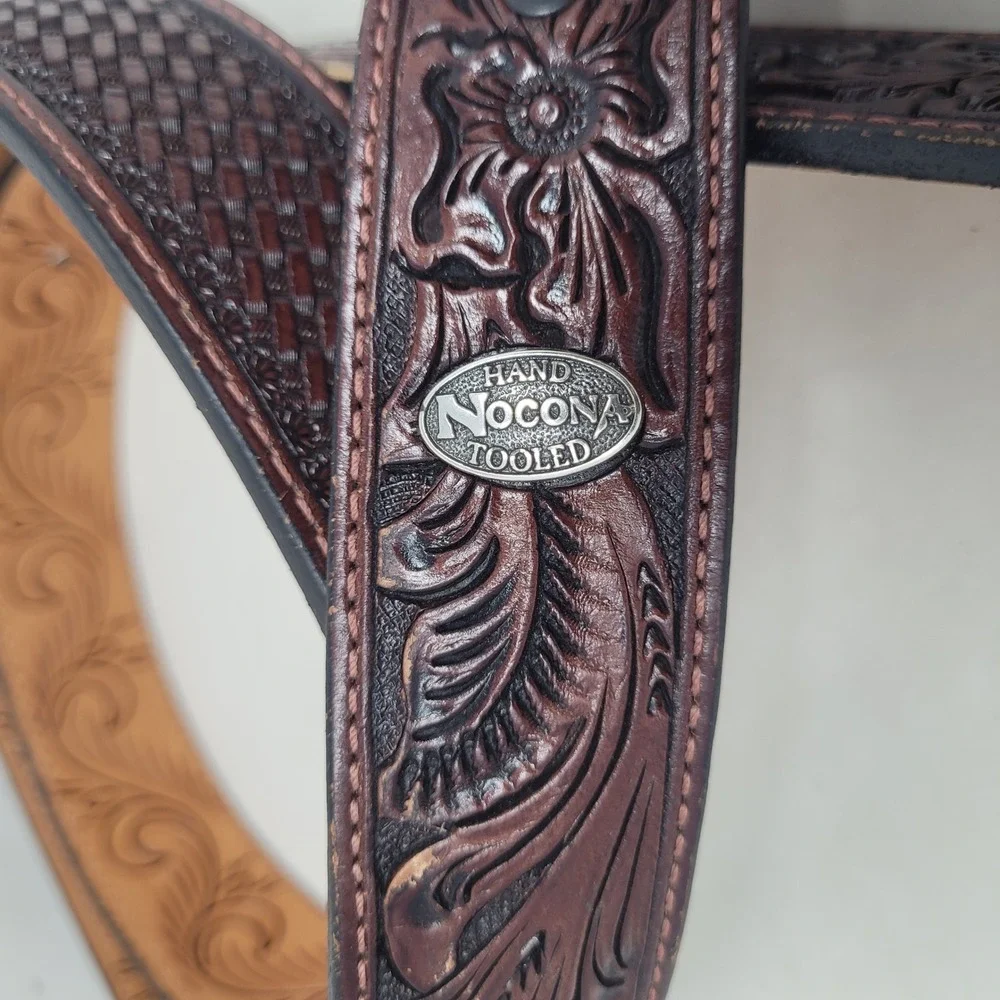 Vintage Nocona Belt 46 Brown Leather Floral Tooled Basketweave Western Cowboy